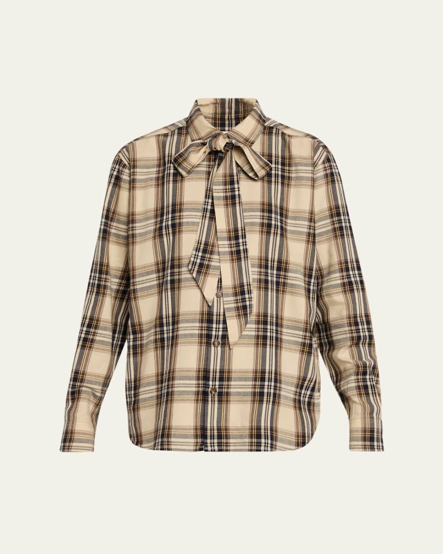 Neck-Tie Plaid Button-Down Blouse